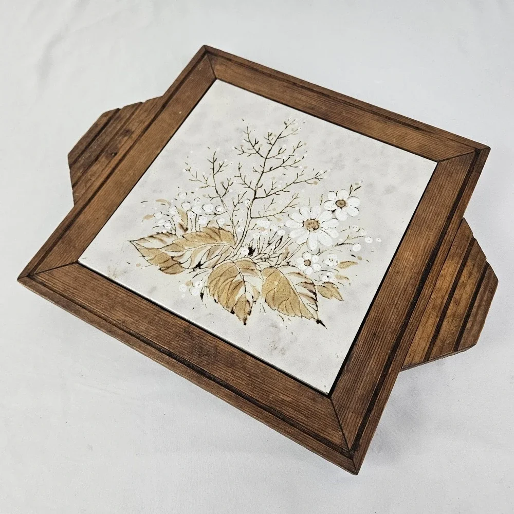 Wildflower Charcuterie Cheese Board Wood Italian Tile 1970s Vintage MCM Boho